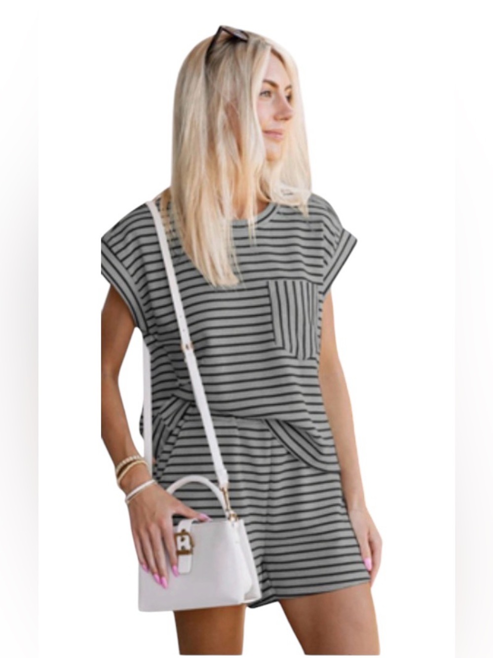 A386 Tankaneo Womens 2 Piece Short Sets BLACK & GREY Striped NEW Medium